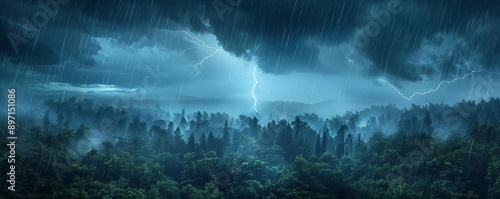 Heavy rain and thunderstorm over a dense forest, lightning striking in the distance, intense and wild, forest storm