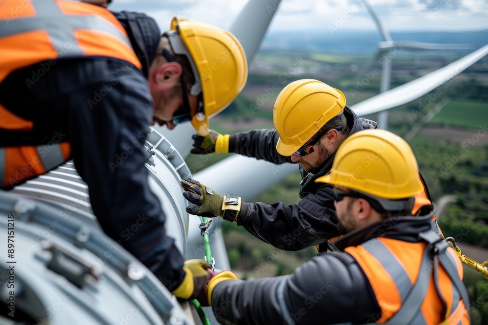 Group of construction workers wearing safety gear working on a wind turbine, showcasing teamwork and modern industrial practices in renewable energy projects. Group of construction workers wearing safety gear working on a wind turbine, showcasing teamwork and modern industrial practices in renewable energy projects.