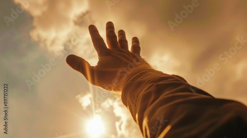 A person's hand stretching upwards towards the sky