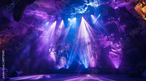 Crystal cave concert stage with shimmering light reflections