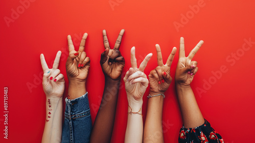 Women hands holding up their hands and making a peace sign gesture on red background. Female vote for victory and like position concept
