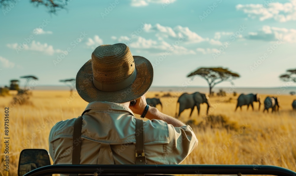 A ranger on a safari in Africa observes a herd of elephants in their natural habitat, sitting in an off-road vehicle under the shade of an acacia tree, capturing the moment