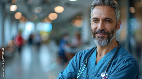 Confident Male Doctor Wearing Scrubs in a Hospital Setting