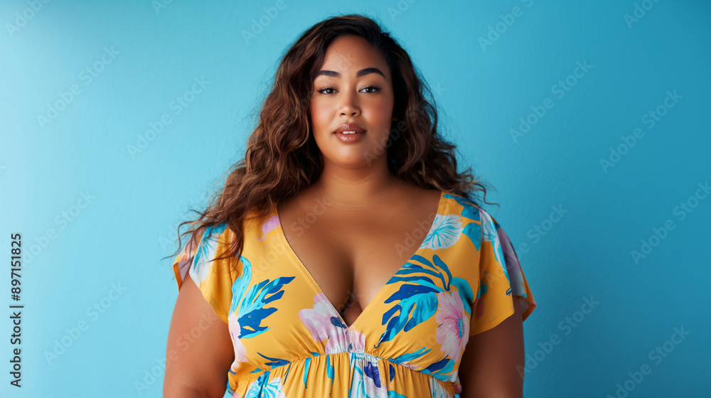 portrait of a plus-size model in summer dress on the blue background portrait of a plus-size model in summer dress on the blue background
