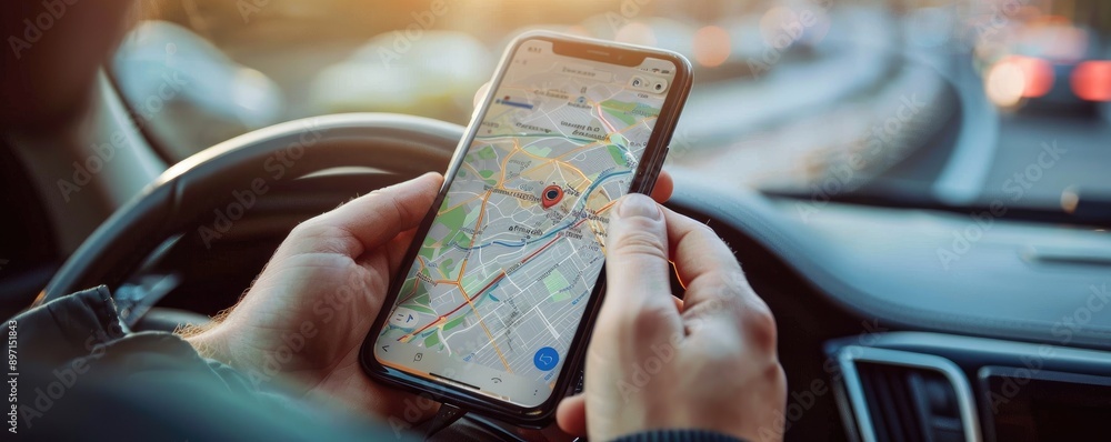 A person navigates using a smartphone displaying a map while sitting in a car, the sunlight indicating sunset or early evening, capturing the essence of modern technology in travel
