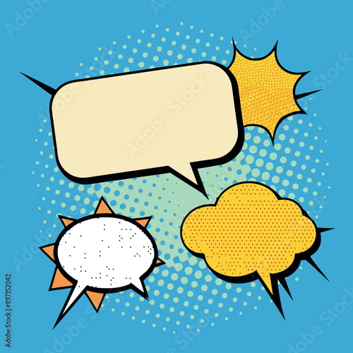 Speech bubbles. Vintage bubbly comedy forms and vintage text bubbles. Clouds of thought and speech with a halftone vector set