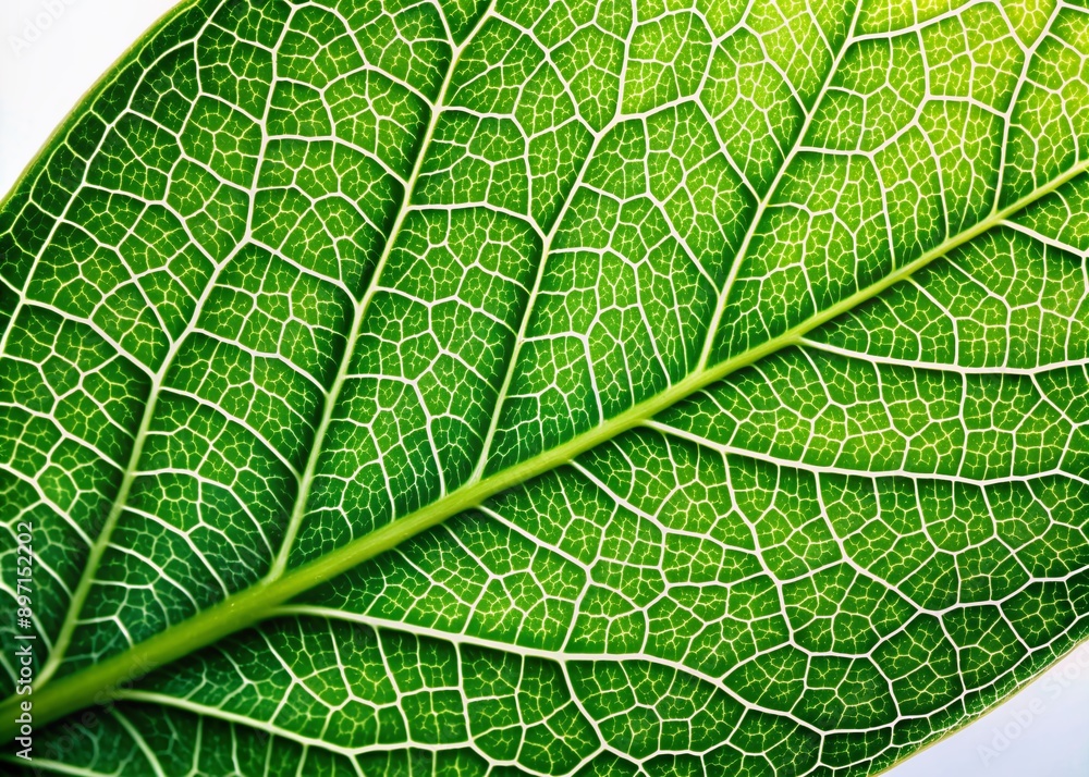 Vibrant green leaf with intricate network of veins illuminated against a clean and minimalistic white background, showcasing nature's intricate beauty in high definition. Vibrant green leaf with intricate network of veins illuminated against a clean and minimalistic white background, showcasing nature's intricate beauty in high definition.