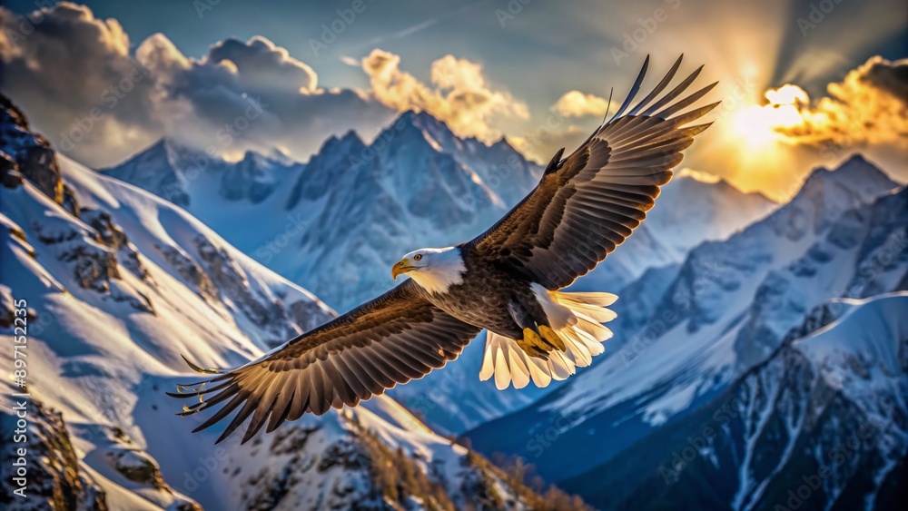 Obraz premium Soaring majestic bald eagle spreads wide wings, dramatic feathers glisten in sunlight, majestic bird silhouetted against rough, rugged, snow-capped mountain peaks in background.