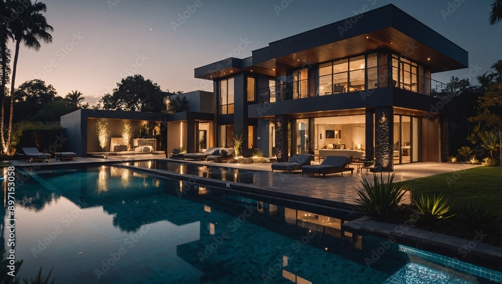 High-end house with a sparkling pool at night High-end house with a sparkling pool at night