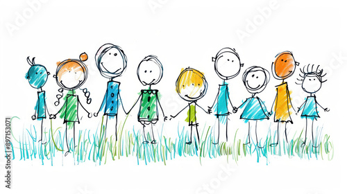 A colorful sketch of children holding hands and smiling while standing on grass, showcasing unity and friendship.