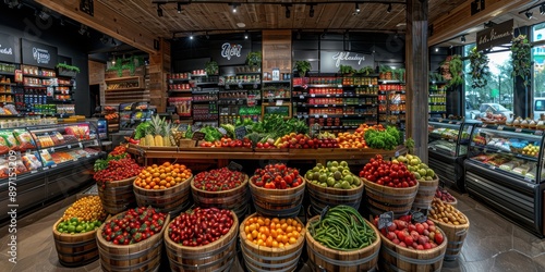 Fototapeta Naklejka Na Ścianę i Meble -  A vibrant display of fresh fruits and vegetables in a well-stocked, modern grocery store, emphasizing quality produce and variety for health-conscious shoppers