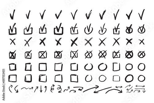 Check marks doodle black line element set, tick and a cross, empty thin box and arrow sign. Grunge hand drawn style