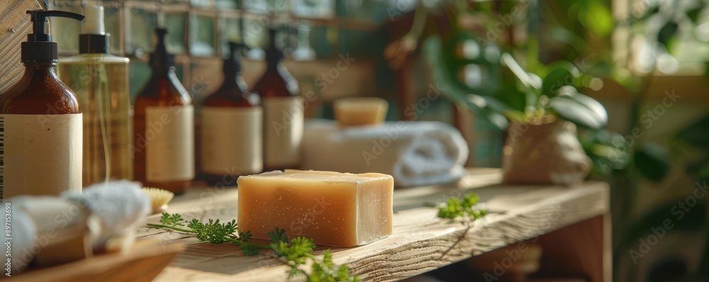 Fototapeta premium Close-up of a zero-waste bathroom with reusable products like soap bars and cloth towels
