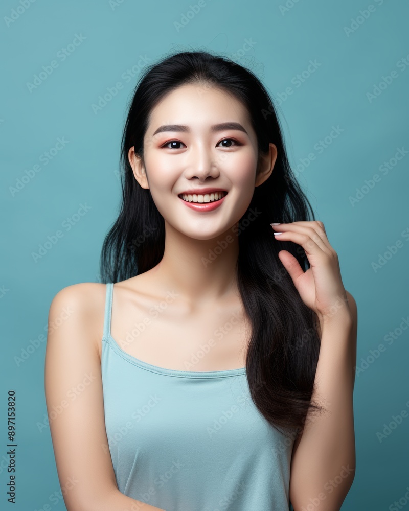 Asian woman touches healthy skin, beauty care concept with copy space on clean background Asian woman touches healthy skin, beauty care concept with copy space on clean background