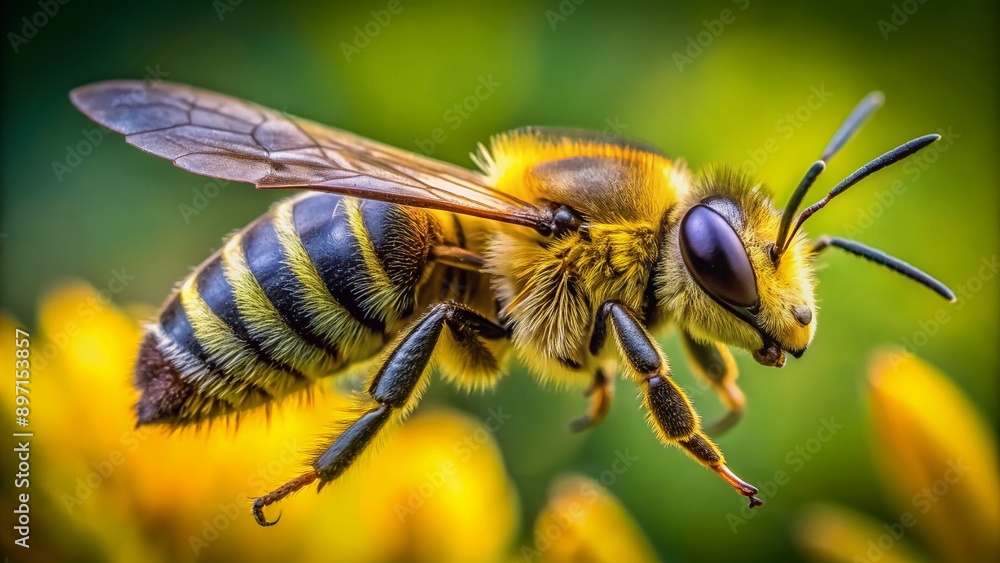 Vibrant yellow and black stripes blur as a frenzied bee's fuzzy head, piercing eyes, and busy wings occupy the entire frame in mid-air motion. Vibrant yellow and black stripes blur as a frenzied bee's fuzzy head, piercing eyes, and busy wings occupy the entire frame in mid-air motion.