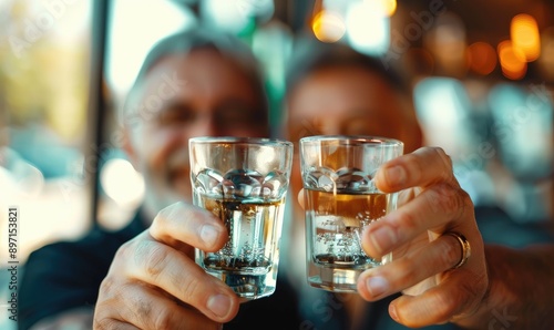 Wallpaper Mural Two senior men raise their glasses in a cheerful toast outdoors in bright sunlight, emanating a sense of camaraderie, celebration, and joyful moments shared together. Torontodigital.ca