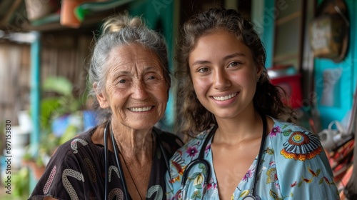 Smiling Woman and Elderly Patient Outside Rural Clinic