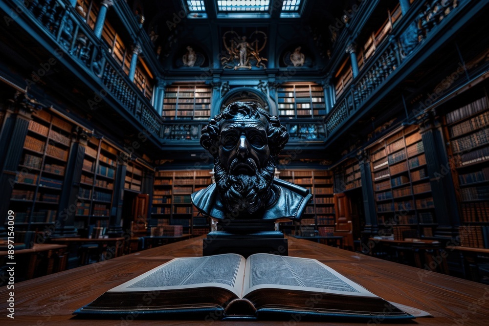 Fototapeta premium An ornate Gothic library is depicted with a prominent bust and an open book placed on a grand wooden table, highlighting the space's rich historical and scholarly significance.