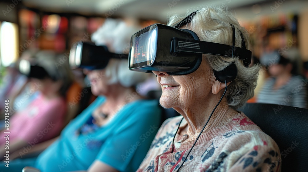 A group of seniors immerses themselves in the exciting world of virtual reality, wearing headsets and experiencing new possibilities with smiles of wonder and excitement. Generate ai illustration. A group of seniors immerses themselves in the exciting world of virtual reality, wearing headsets and experiencing new possibilities with smiles of wonder and excitement. Generate ai illustration.