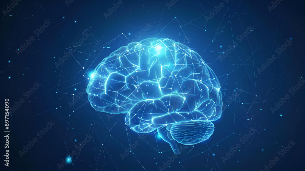 Human brain activity with plexus lines, External cerebral connections in the frontal lobe, 3d rendering of a digital human brain with low poly connection lines on blue background Human brain activity with plexus lines, External cerebral connections in the frontal lobe, 3d rendering of a digital human brain with low poly connection lines on blue background