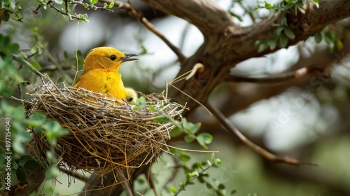 A tiny yellow bird nurtures its offspring in a grass nest on a tree in Tsavo East Kenya photo