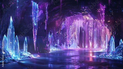 Crystal cave concert stage with shimmering light reflections