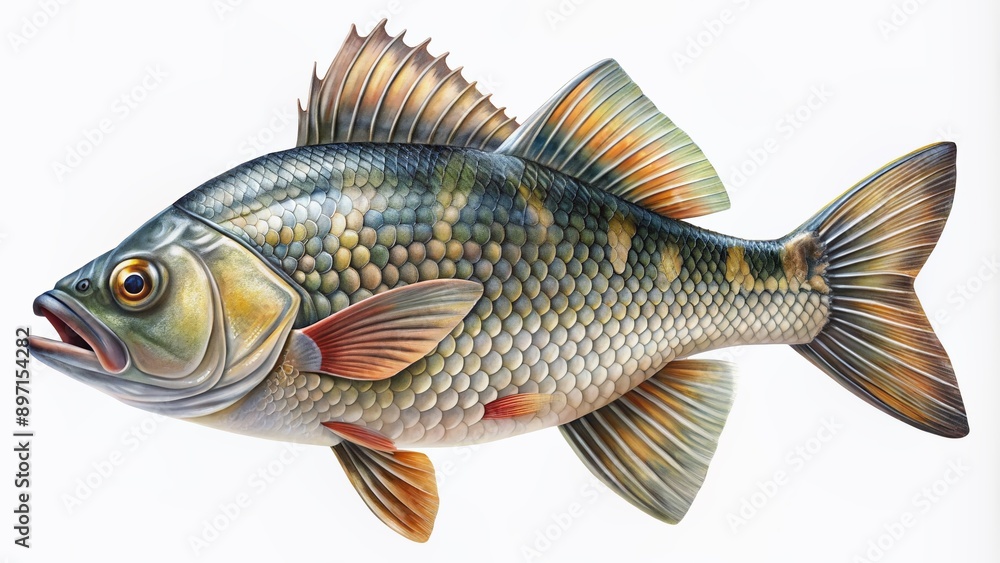 Highly detailed image of a realistic fish with intricately textured scales on a transparent white background, ideal for educational content and scientific illustrations. Highly detailed image of a realistic fish with intricately textured scales on a transparent white background, ideal for educational content and scientific illustrations.
