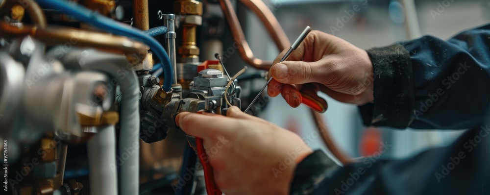 Fototapeta premium A technician focused on fixing or assembling machinery with intricate parts, showcasing manual proficiency.