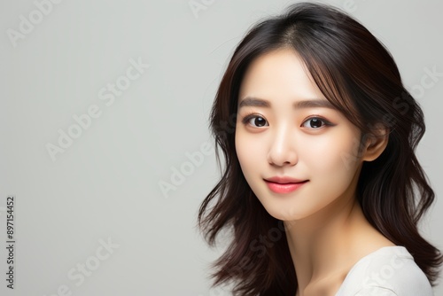 Asian woman model touching healthy skin, cosmetics concept with copy space on clean background