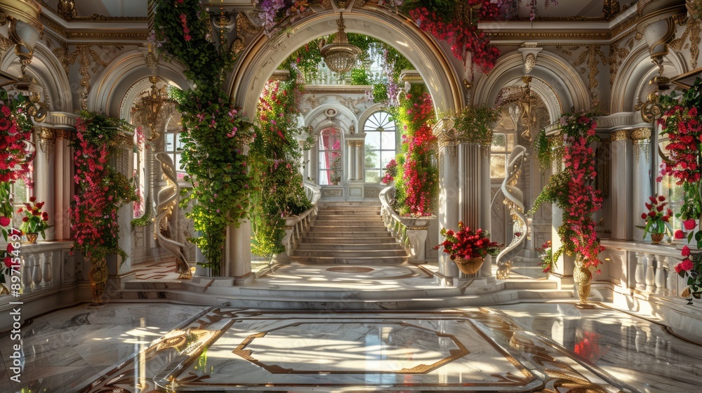 Naklejka premium Marble white stairs with flower garlands, fantasy palace or heaven stone stair with floral decorations, fairytale princess castle interior, AI generated image
