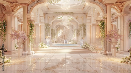 Marble white stairs with flower garlands, fantasy palace or heaven stone stair with floral decorations, fairytale princess castle interior, AI generated image