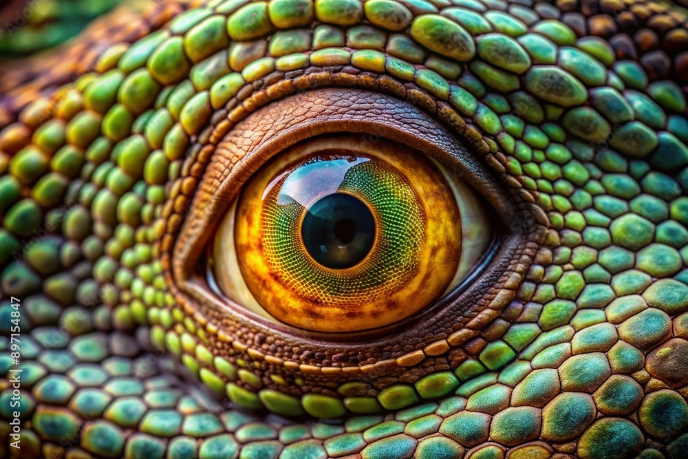 Obraz premium Vibrant scaly textures surround a piercing reptile eye, its vertical pupil contracting as the lid blinks, showcasing intricate details of nature's fascinating ancient creatures.