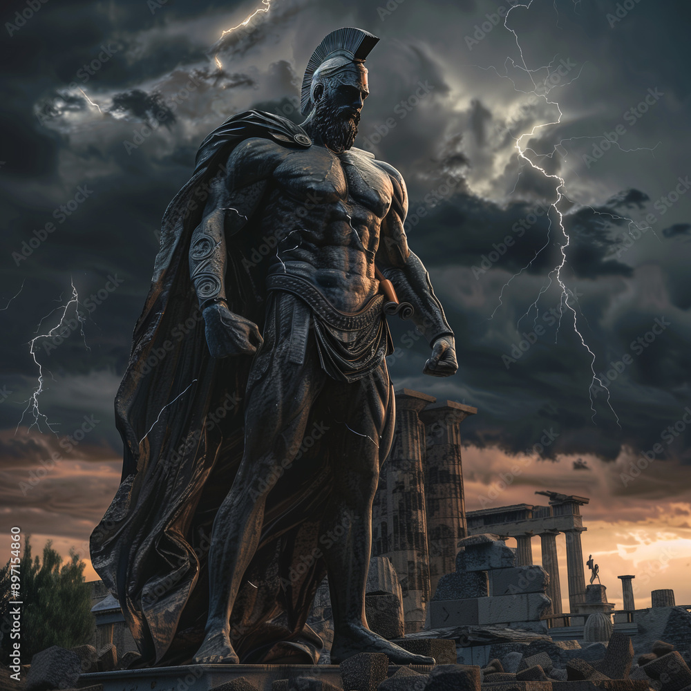 Fototapeta premium A meticulously detailed 3D statue of a commanding Greek figure, fashioned out of dark onyx.