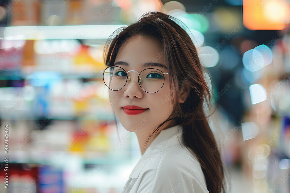 Photo of female pharmacist in medical robe smiling in pharmacy shop full of medicines generative AI Photo of female pharmacist in medical robe smiling in pharmacy shop full of medicines generative AI