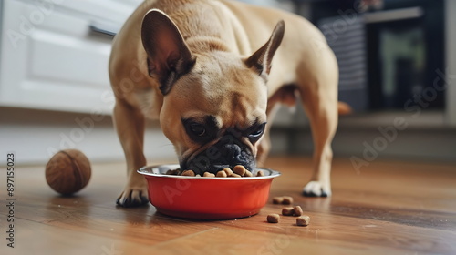 French Bulldog Eating Kibble in Modern Kitchen Bright Beautiful Interior photo