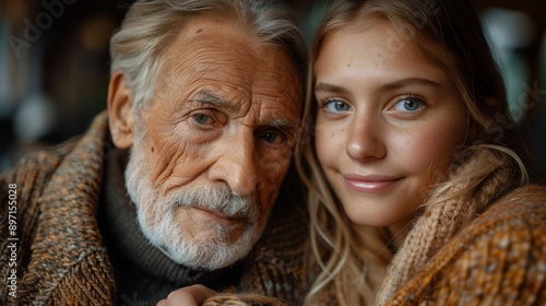 Close Up Portrait of Elderly Man and Young Woman Wearing Knitted Sweaters