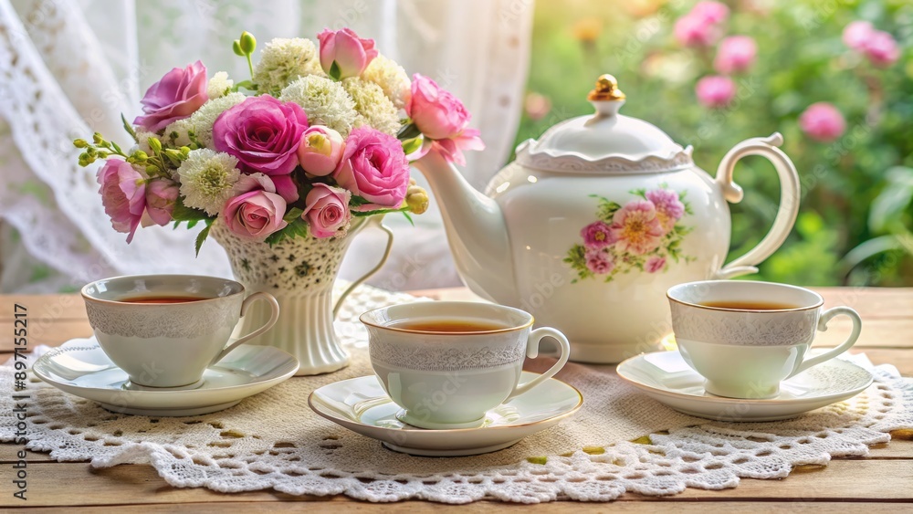 Elegant ceramic teapot and delicate china cups arranged on a lace doily adorned with fresh flowers on a vintage table. Elegant ceramic teapot and delicate china cups arranged on a lace doily adorned with fresh flowers on a vintage table.