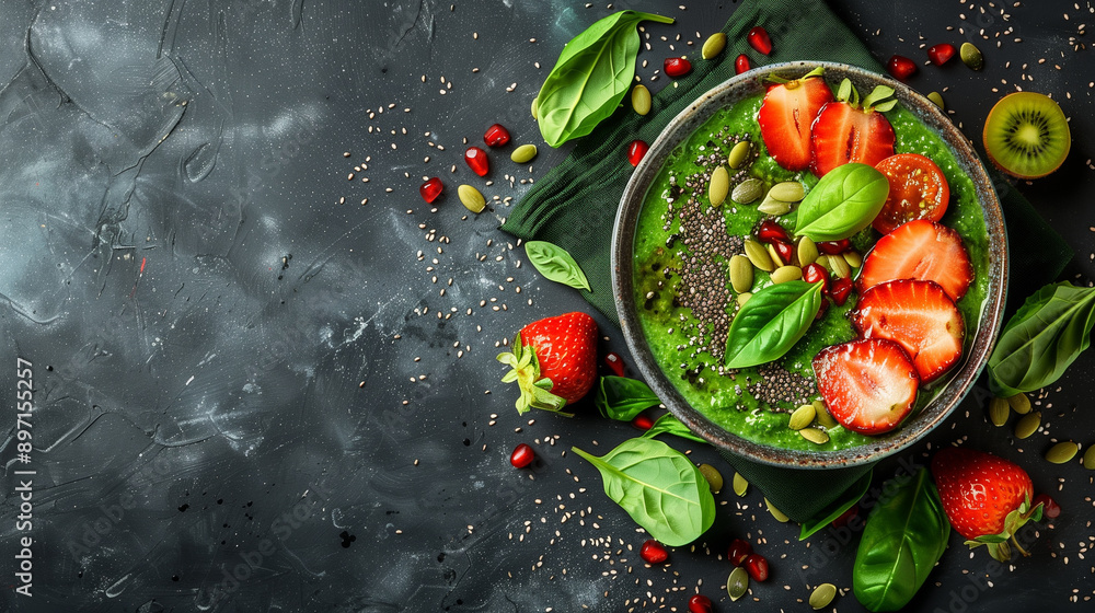 Green smoothie bowl topped with fruits and seeds, nutritious, breakfast Green smoothie bowl topped with fruits and seeds, nutritious, breakfast
