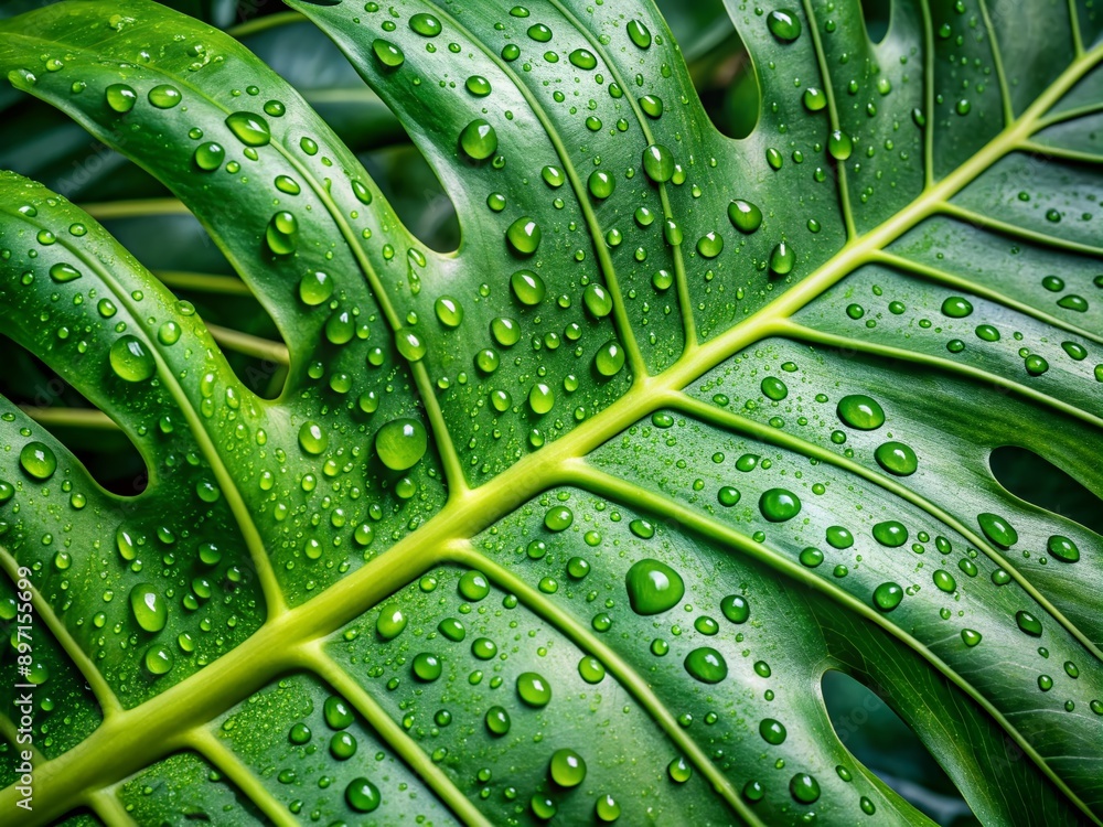 Vibrant green Monstera leaf showcases intricate veins and natural texture, adorned with glistening water droplets, captured in stunning close-up macro photography. Vibrant green Monstera leaf showcases intricate veins and natural texture, adorned with glistening water droplets, captured in stunning close-up macro photography.