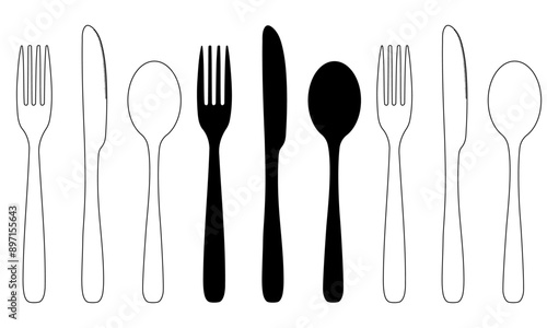 Knife Fork and Spoon set in black silhouette, transparent with black outline and white fill with black outline isolated on white or transparent