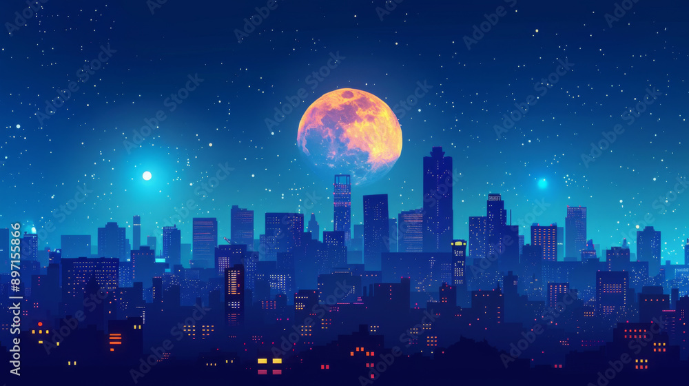 Illustrated city skyline at night under a starry sky with a large, bright full moon illuminating the buildings. Illustrated city skyline at night under a starry sky with a large, bright full moon illuminating the buildings.