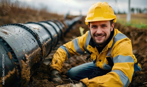 Smiling male construction worker in safety gear at a pipeline construction site © Daniela