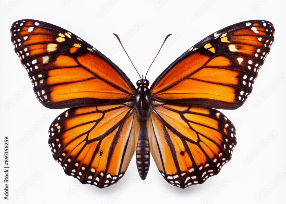 Vibrant orange and black monarch butterfly with wings fully open, showcasing distinctive veins and delicate edges, symbolizing summer's warmth on a pure white background. Vibrant orange and black monarch butterfly with wings fully open, showcasing distinctive veins and delicate edges, symbolizing summer's warmth on a pure white background.