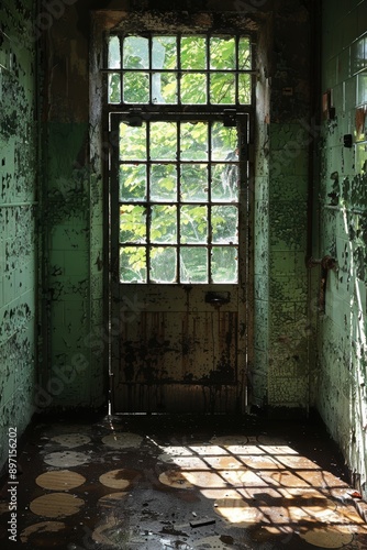 The image depicts an old, abandoned building with peeling green paint, a rusted door, and sunlight streaming through the window, showcasing the contrast between decay and natural beauty