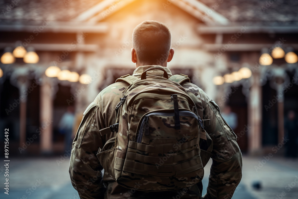 Generative AI illustration of soldier in uniform back home Generative AI illustration of soldier in uniform back home