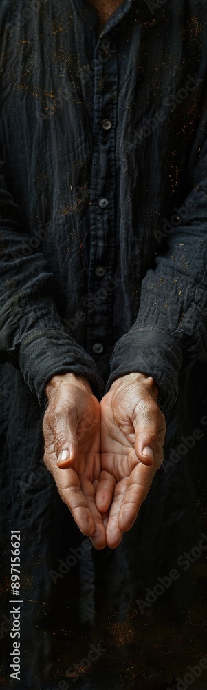 Fototapeta premium Someone holding their hands out in a dirty area, crossed hands