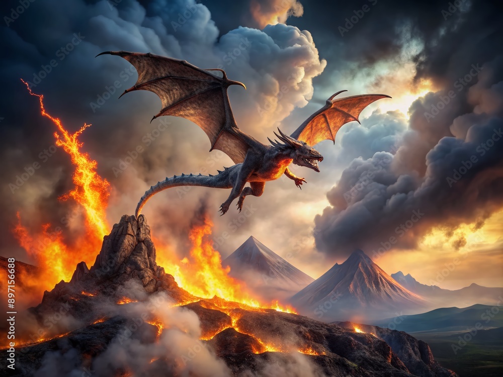 Fototapeta premium A dramatic and detailed image of a majestic dragon soaring above a fiery volcanic landscape with lava flows and ash plumes under a dark cloudy sky.