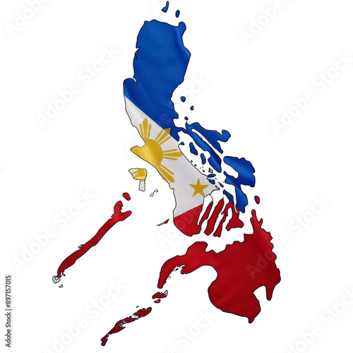 Stylized map of the Philippines showcasing its vibrant flag colors and unique shape, perfect for cultural and travel themes.