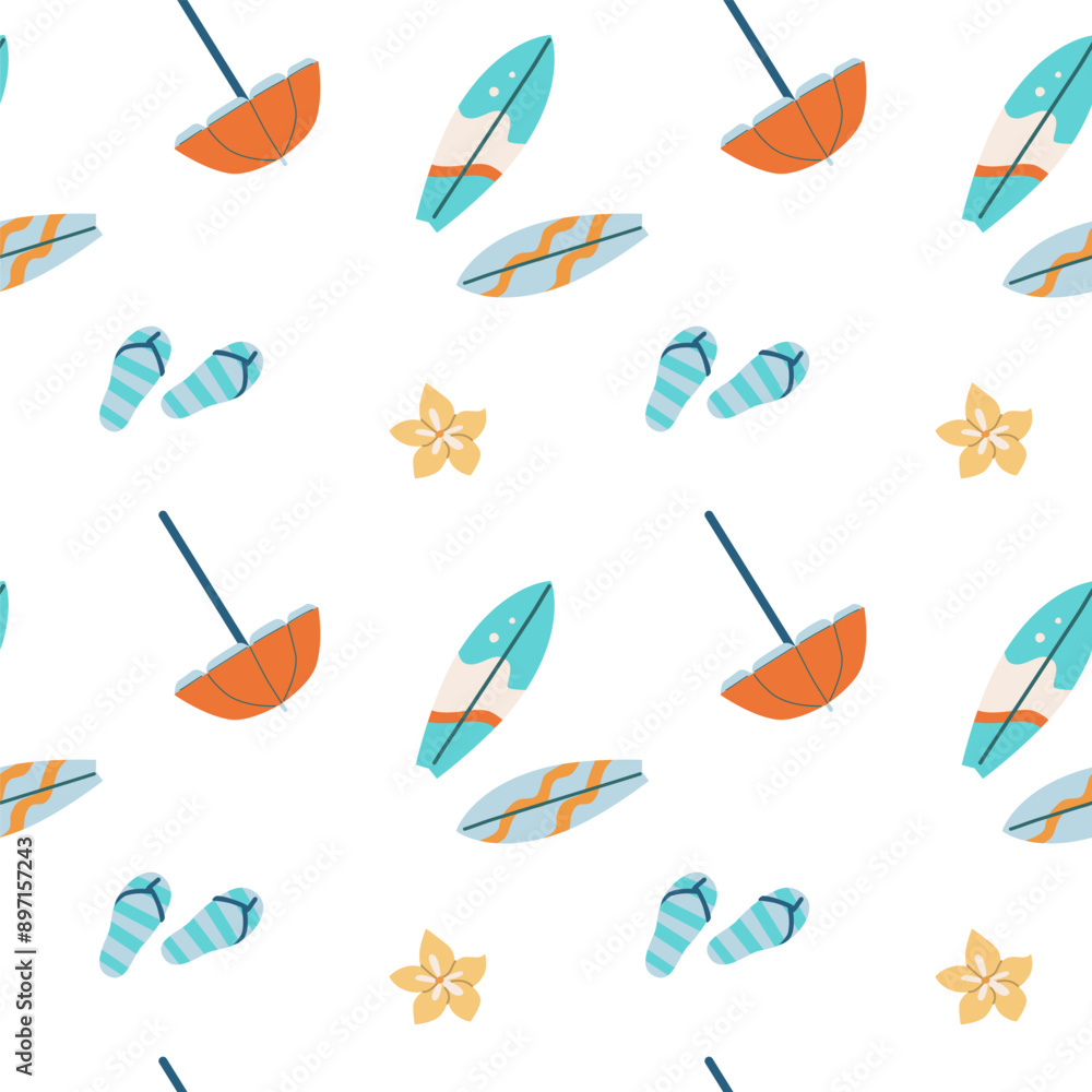 Naklejka premium Summer beach elements seamless pattern. Childrens fashion background. Tropical fruits and accessories. Cute summer beach endless background.