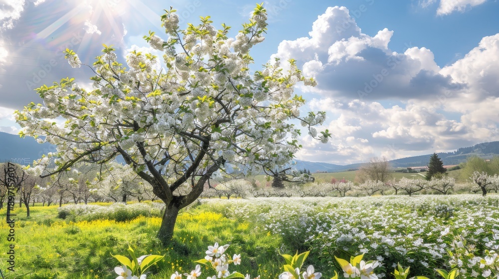 Naklejka premium Blooming tree in a sunny springtime orchard